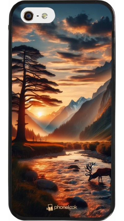 iPhone 5/5s / SE (2016) Case Hülle - Silikon schwarz Tal Sonnenuntergang Hirsch Baum
