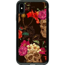 Coque iPhone Xs Max - Hybrid Armor noir Skulls and flowers