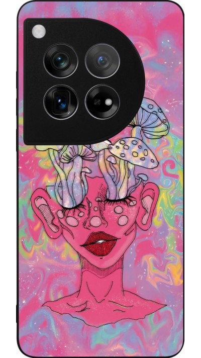 Coque OnePlus 12 - Silicone rigide noir Psychedelic pink mushroom