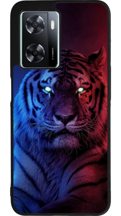 Coque OPPO A57 5G - Silicone rigide noir Tiger Blue Red