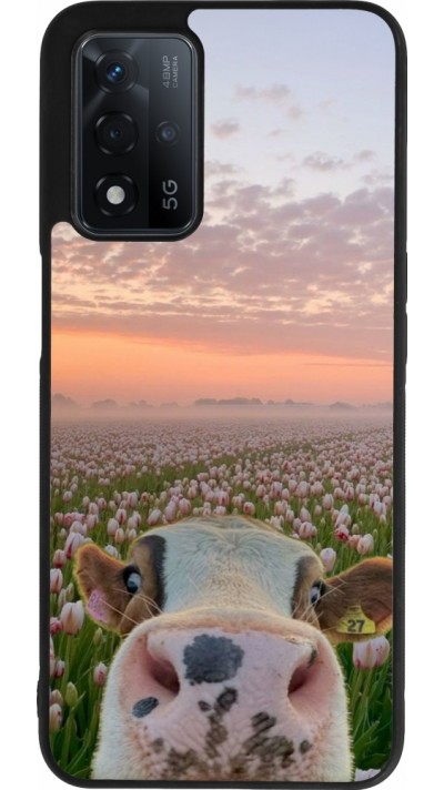 Coque OPPO A93s 5G - Silicone rigide noir Cow with tulips Spring 2026