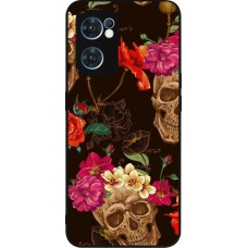 Coque OPPO Reno7 5G - Silicone rigide noir Skulls and flowers