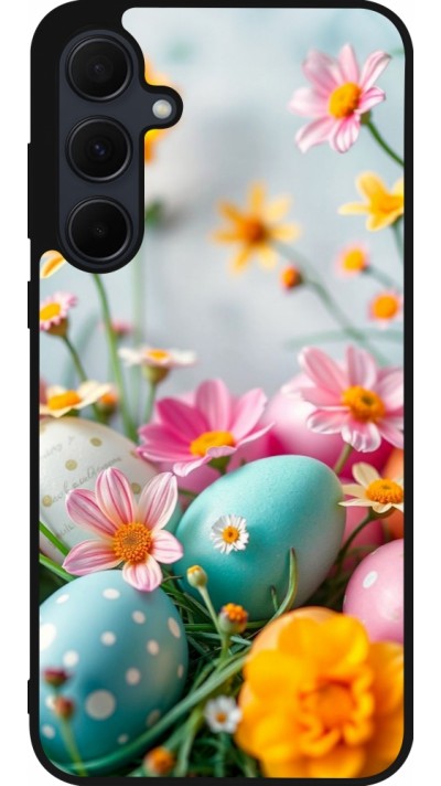 Samsung Galaxy A55 5G Case Hülle - Silikon schwarz Easter 2026 Eggs with flowers