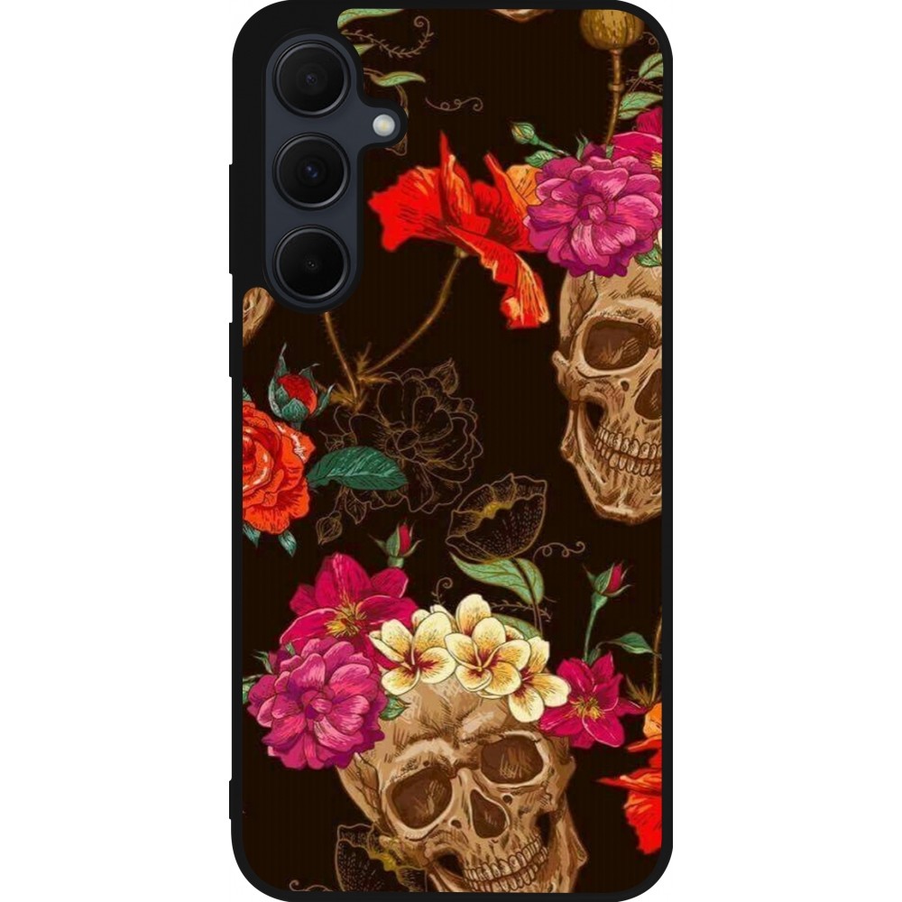 Samsung Galaxy A56 Case Hülle - Silikon schwarz Skulls and flowers