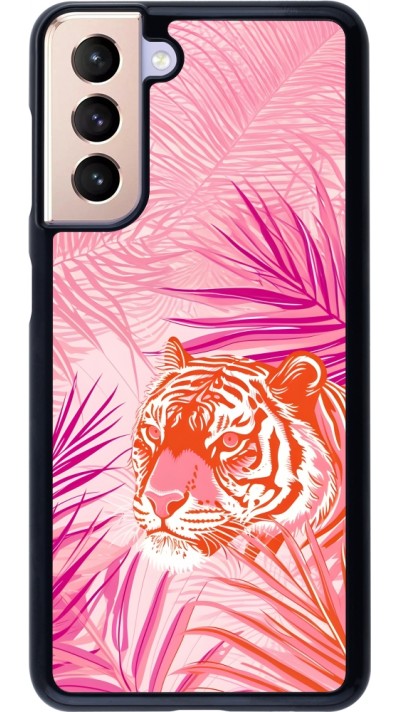 Coque Samsung Galaxy S21 5G - Tigre palmiers roses