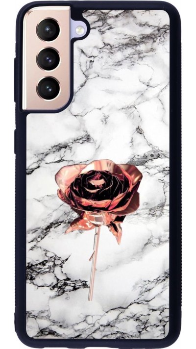 Coque Samsung Galaxy S21 5G - Silicone rigide noir Marble Rose Gold