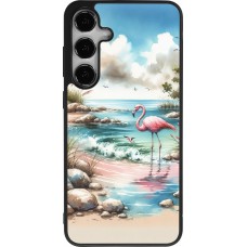 Coque Samsung Galaxy S24+ - Silicone rigide noir Flamant rose aquarelle
