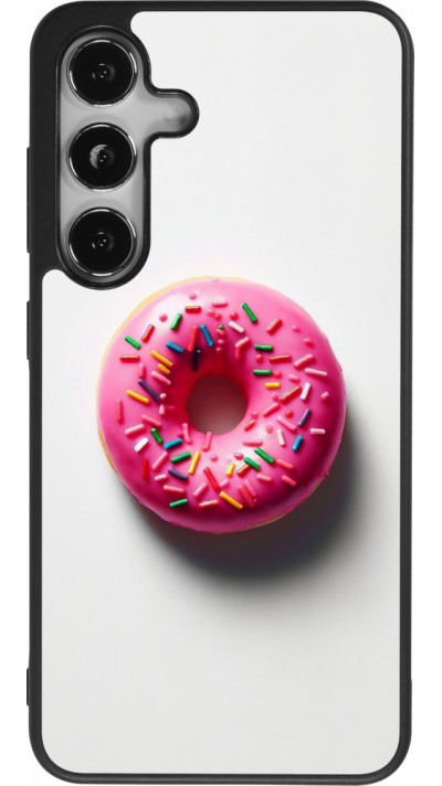 Samsung Galaxy S25 Case Hülle - Silikon schwarz Weisser Hintergrund, pinker Donut
