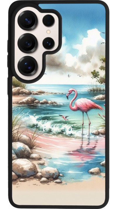 Coque Samsung Galaxy S26 Ultra - Silicone rigide noir Flamant rose aquarelle