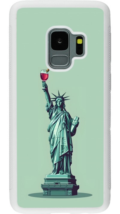 Coque Samsung Galaxy S9 - Silicone rigide blanc Wine Statue de la liberté avec un verre de vin