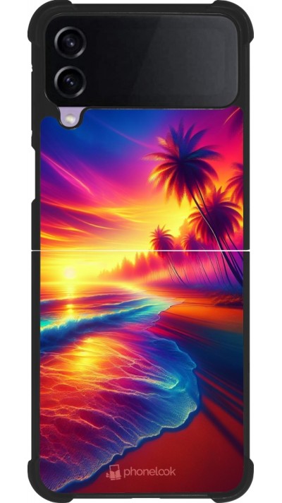 Coque Samsung Galaxy Z Flip4 - Silicone rigide noir Plage coucher soleil flashy