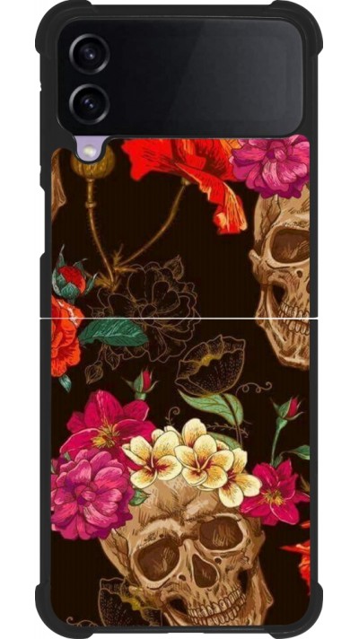 Coque Samsung Galaxy Z Flip4 - Silicone rigide noir Skulls and flowers