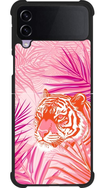 Coque Samsung Galaxy Z Flip4 - Silicone rigide noir Tigre palmiers roses