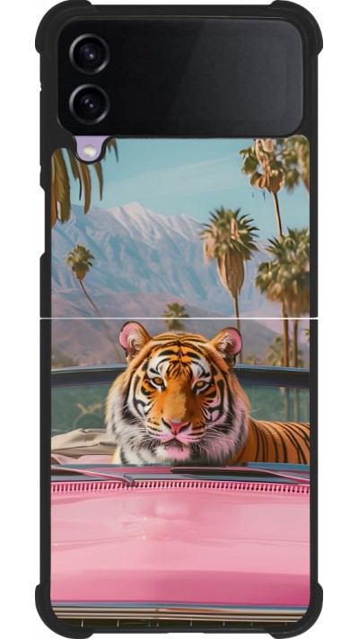 Coque Samsung Galaxy Z Flip4 - Silicone rigide noir Tigre voiture rose