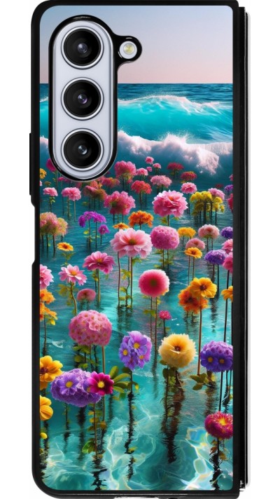 Coque Samsung Galaxy Z Fold5 - Silicone rigide noir Flower sea waves