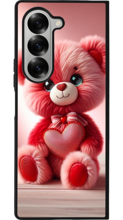 Coque Samsung Galaxy Z Fold6 - Silicone rigide noir Valentine 2024 Ourson rose