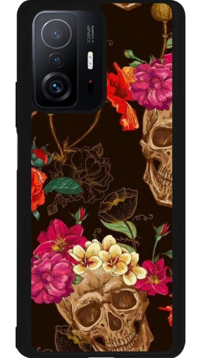 Xiaomi 11T Case Hülle - Silikon schwarz Skulls and flowers