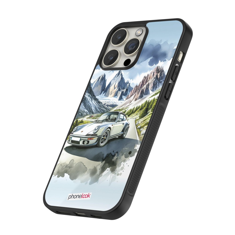 iPhone 12 / 12 Pro Case Hülle - Silikon schwarz Porsche 911 Berg Aquarell