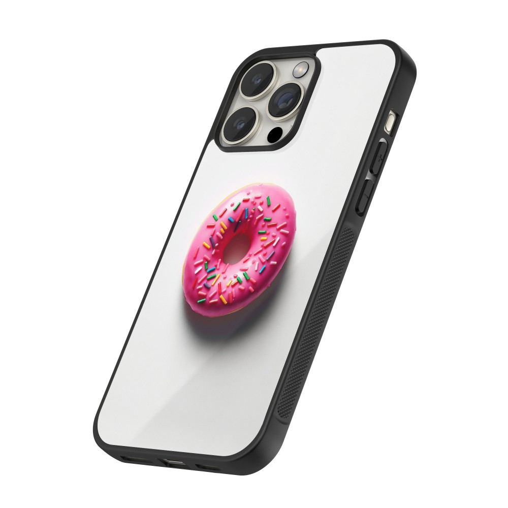iPhone 12 / 12 Pro Case Hülle - Silikon schwarz Weisser Hintergrund, pinker Donut