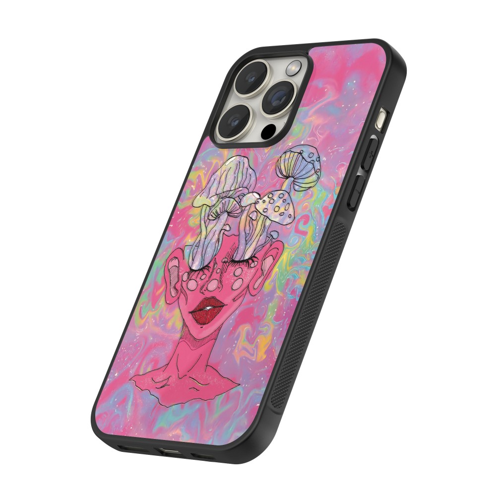 iPhone 12 / 12 Pro Case Hülle - Silikon schwarz Psychedelic pink mushroom