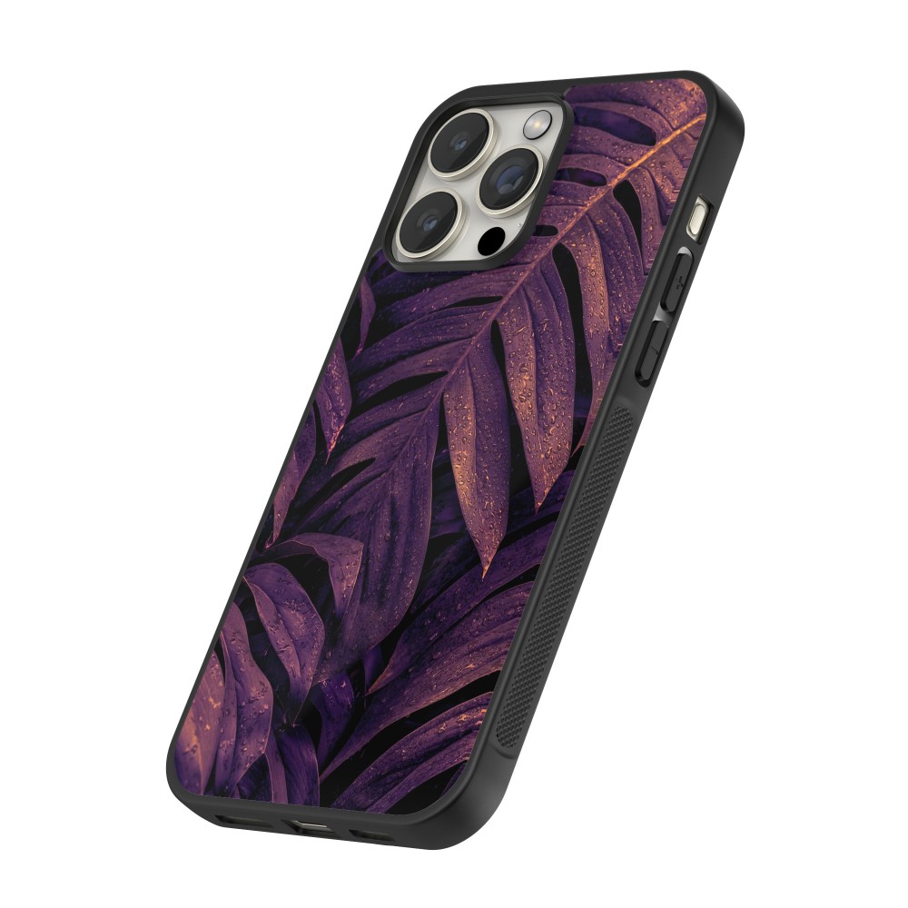 iPhone 12 / 12 Pro Case Hülle - Silikon schwarz Purple Light Leaves