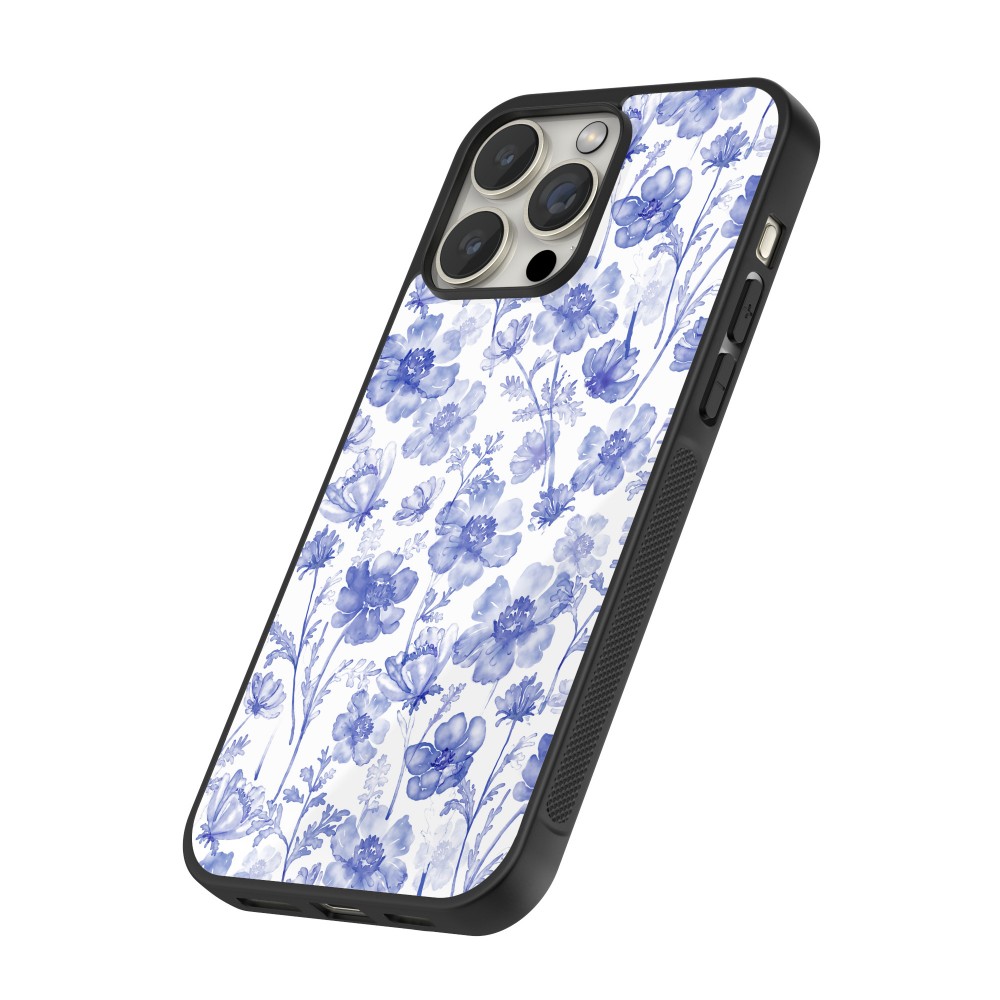 iPhone 12 / 12 Pro Case Hülle - Silikon schwarz Spring 23 watercolor blue flowers