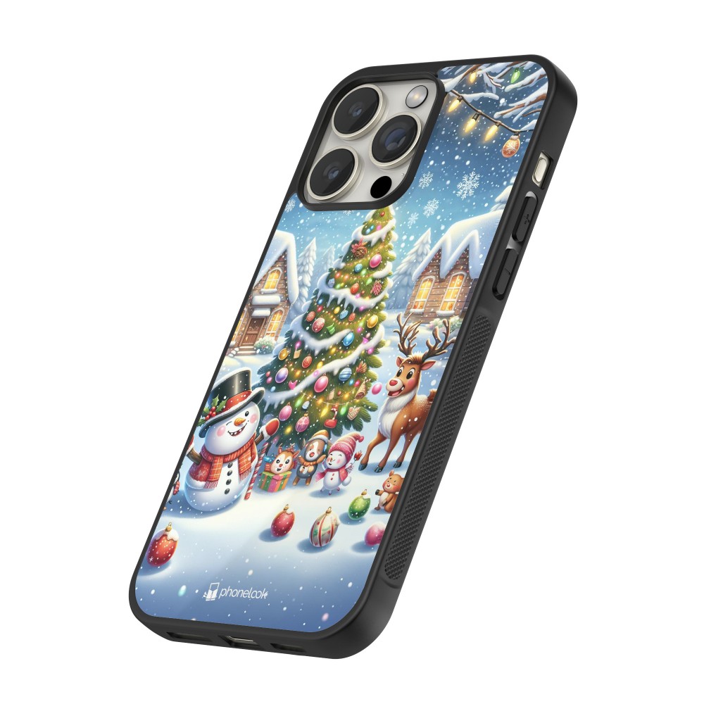 iPhone 12 / 12 Pro Case Hülle - Silikon schwarz Weihnachten 2023 Schneemann und Tannenbaum