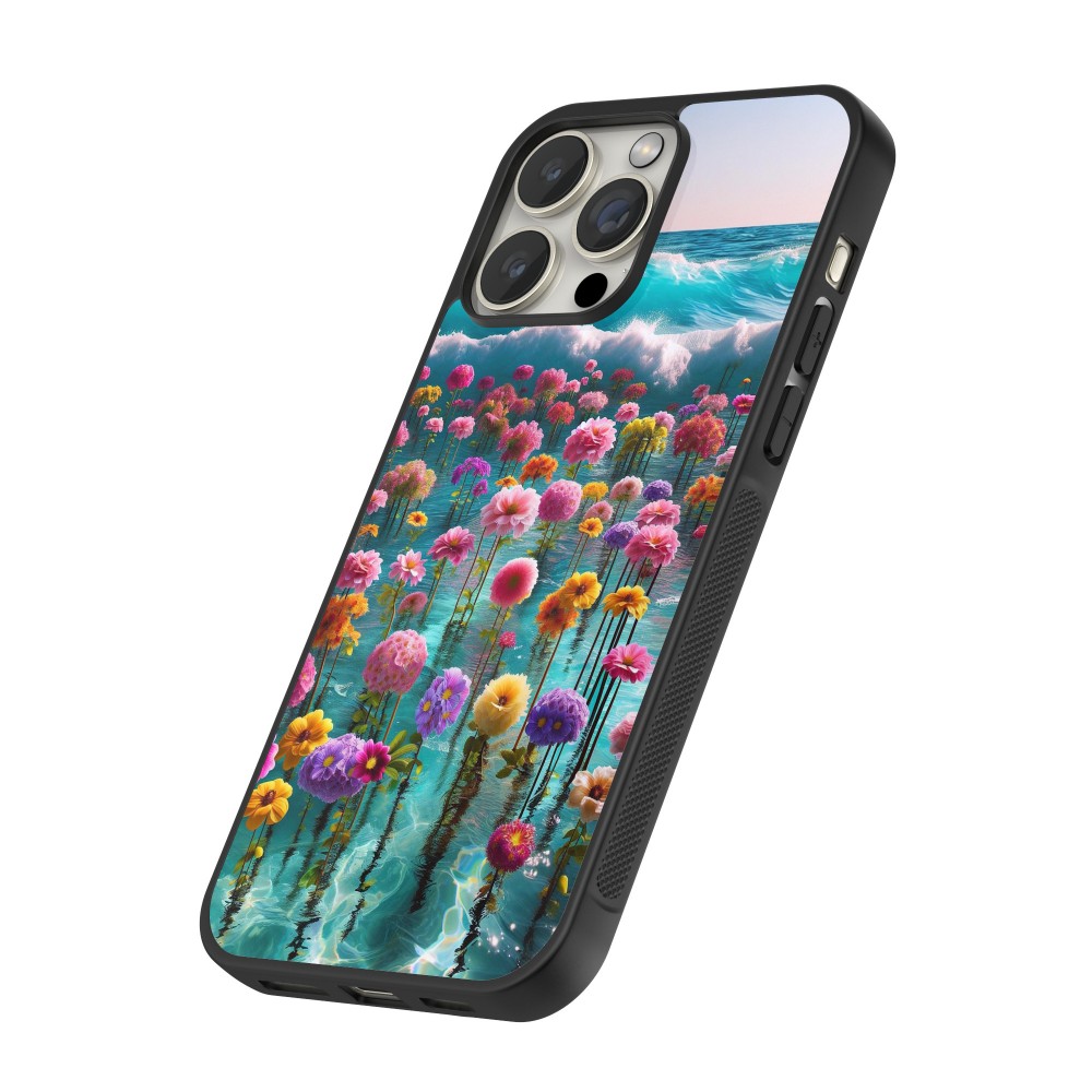 iPhone 16 Pro Max Case Hülle - Silikon schwarz Blumenmeer Wellen