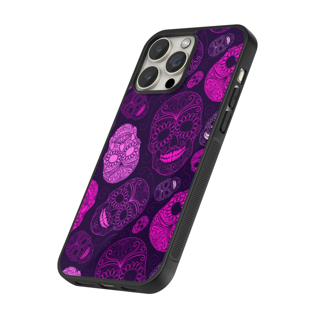 iPhone 16 Pro Max Case Hülle - Silikon schwarz Halloween 2023 pink skulls