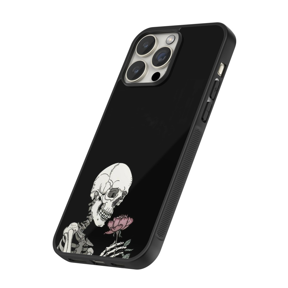 iPhone 16 Pro Max Case Hülle - Silikon schwarz Halloween 2023 rose and skeleton