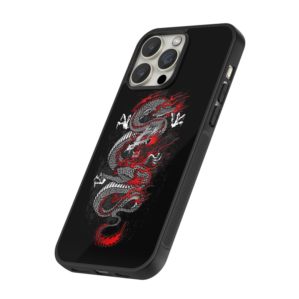 iPhone 16 Pro Max Case Hülle - Silikon schwarz Japanese style Dragon Tattoo Red Black
