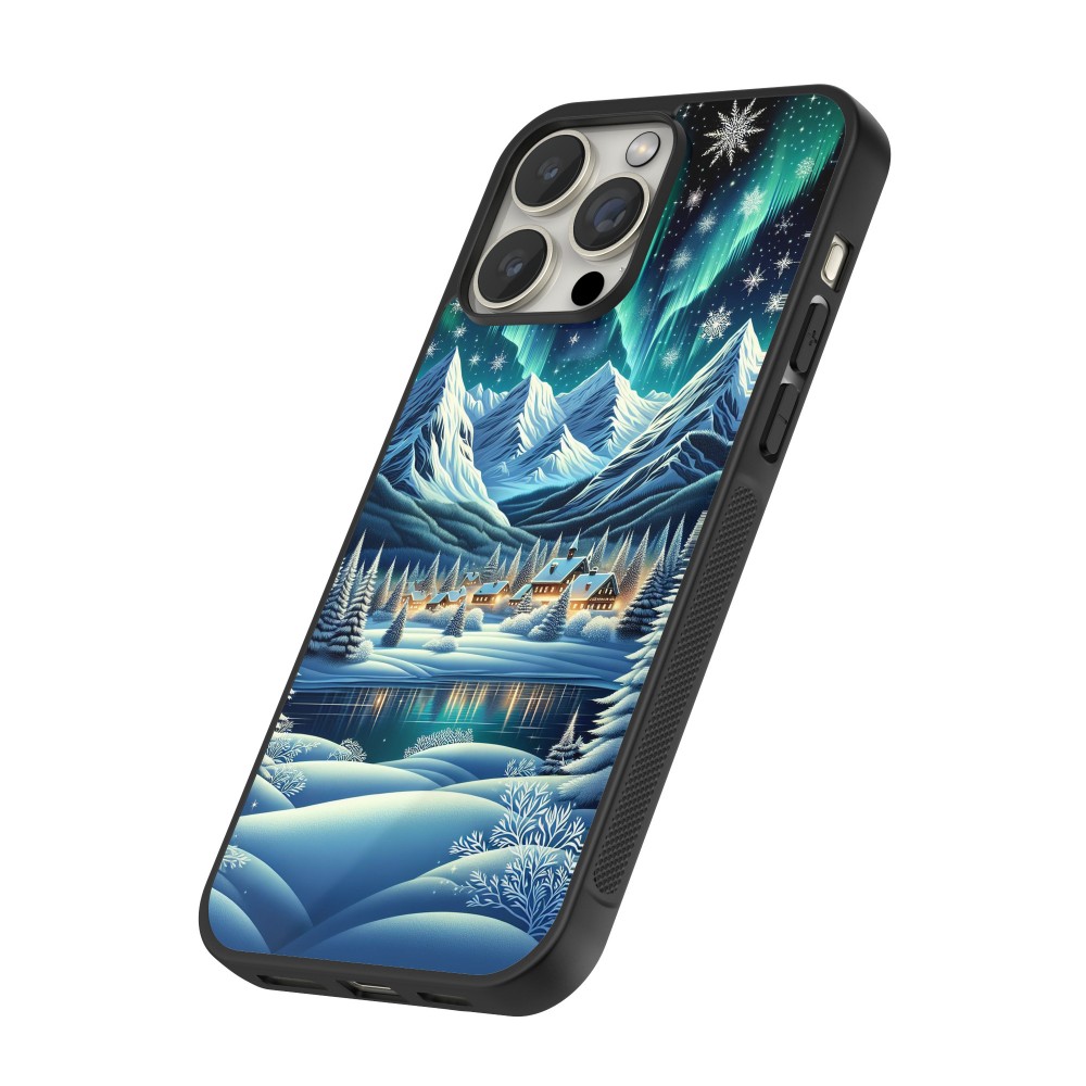 iPhone 16 Pro Max Case Hülle - Silikon schwarz Verschneites Bergdorf am See in der Nacht