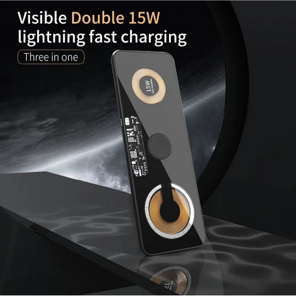 3in1 wireless MagSafe Ladestation Cyberpunk 2x 15W für iPhone, AirPods & Qi Smartphones - Transparent