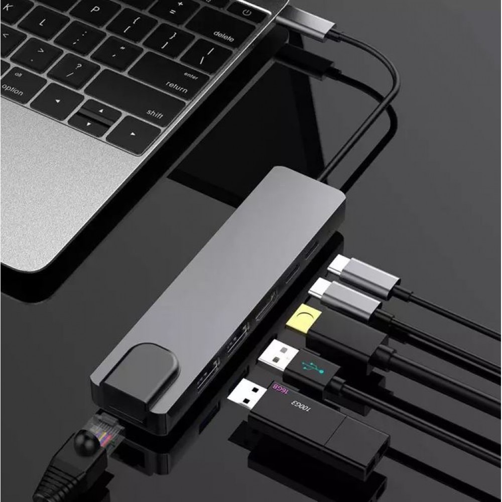 6 in 1 USB-C Multi-Anschluss Hub Docking Station MacBook Ethernet + HDMI + USB-C - Grau