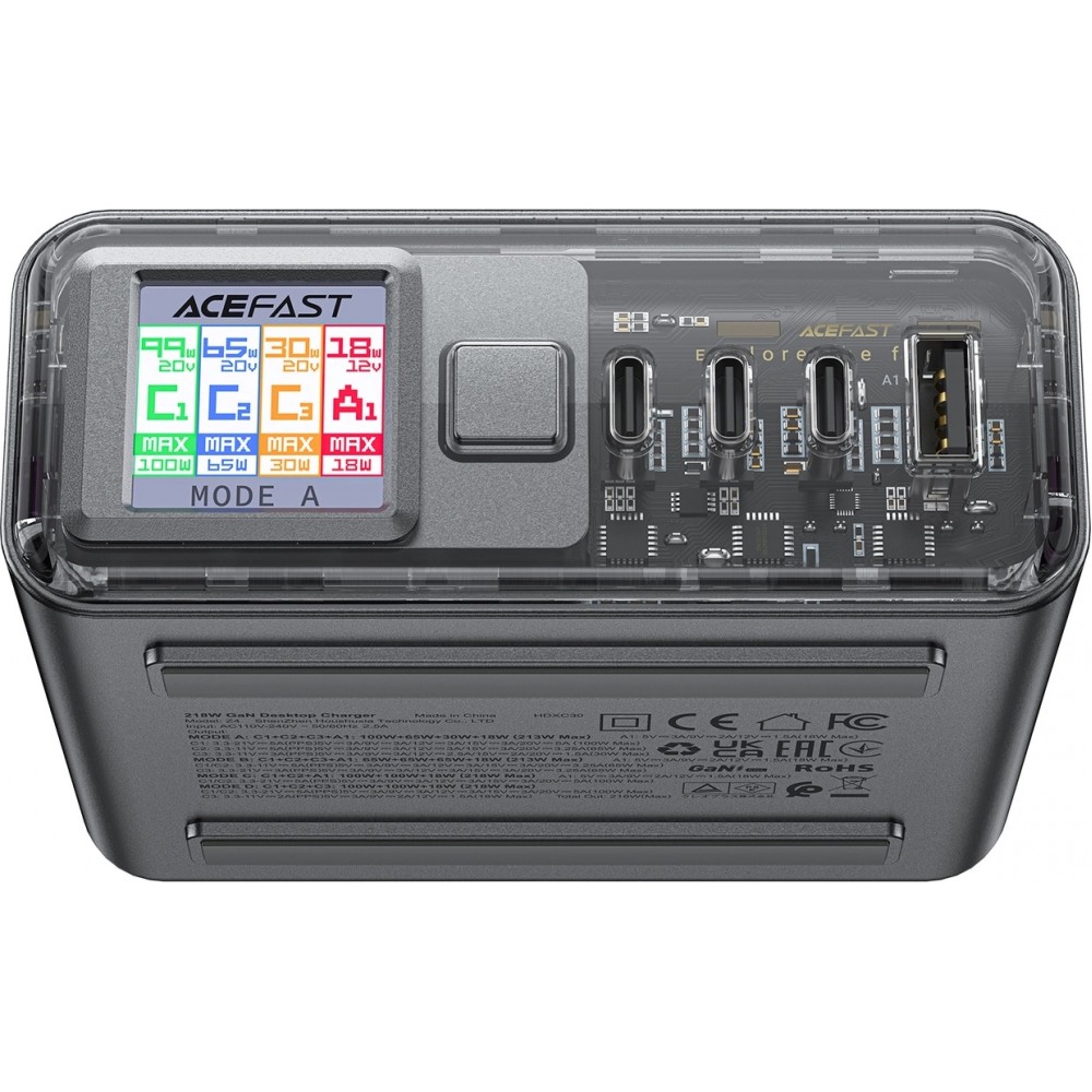 Acefast Z4 - Ultra leistungsstarker 218W Multifunktionsadapter mit 4 Ports PD GaN (3x USB-C + 1x USB-A) - Grau
