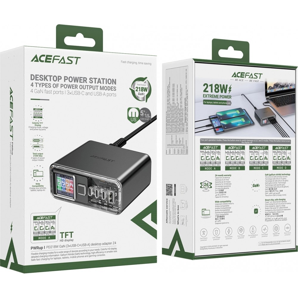 Acefast Z4 - Ultra leistungsstarker 218W Multifunktionsadapter mit 4 Ports PD GaN (3x USB-C + 1x USB-A) - Grau