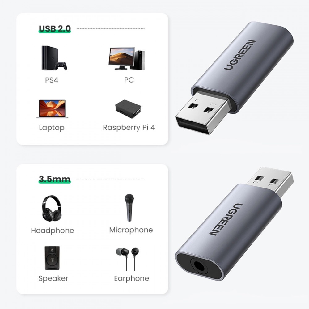 Ugreen CM383 Audioadapter 3,5mm Klinke zu USB-C Adapter für Kopfhörer und Lautsprecher - Grau