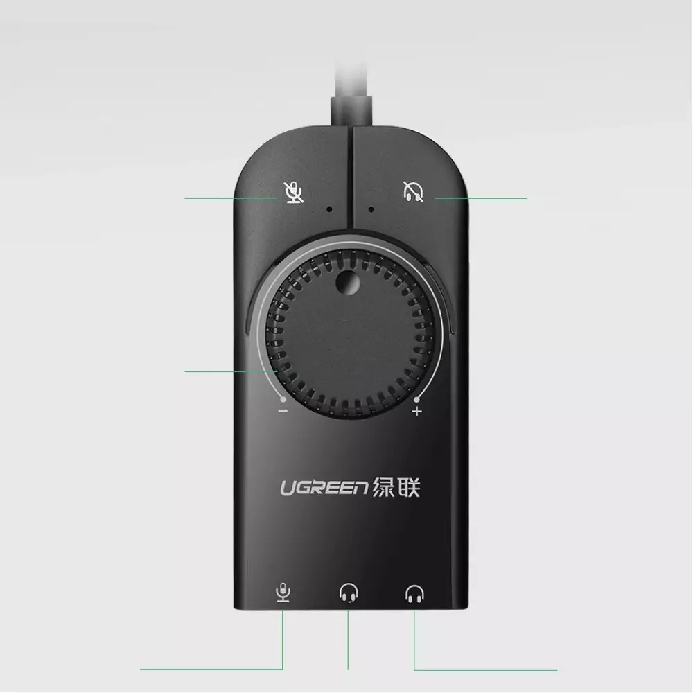 Ugreen externe Soundkarte Musikadapter USB 3.5 mm Mini Klinke mit Lautstärkeregler 15 cm - Schwarz