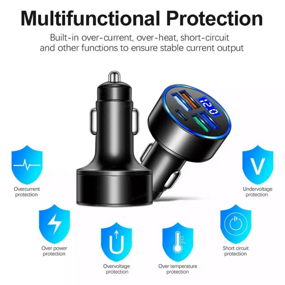 Ladeadapter Zigarettenanzünder 15W 5in1 USB & USB-C mit LED Anzeige QuickCharge 3.0 - Schwarz