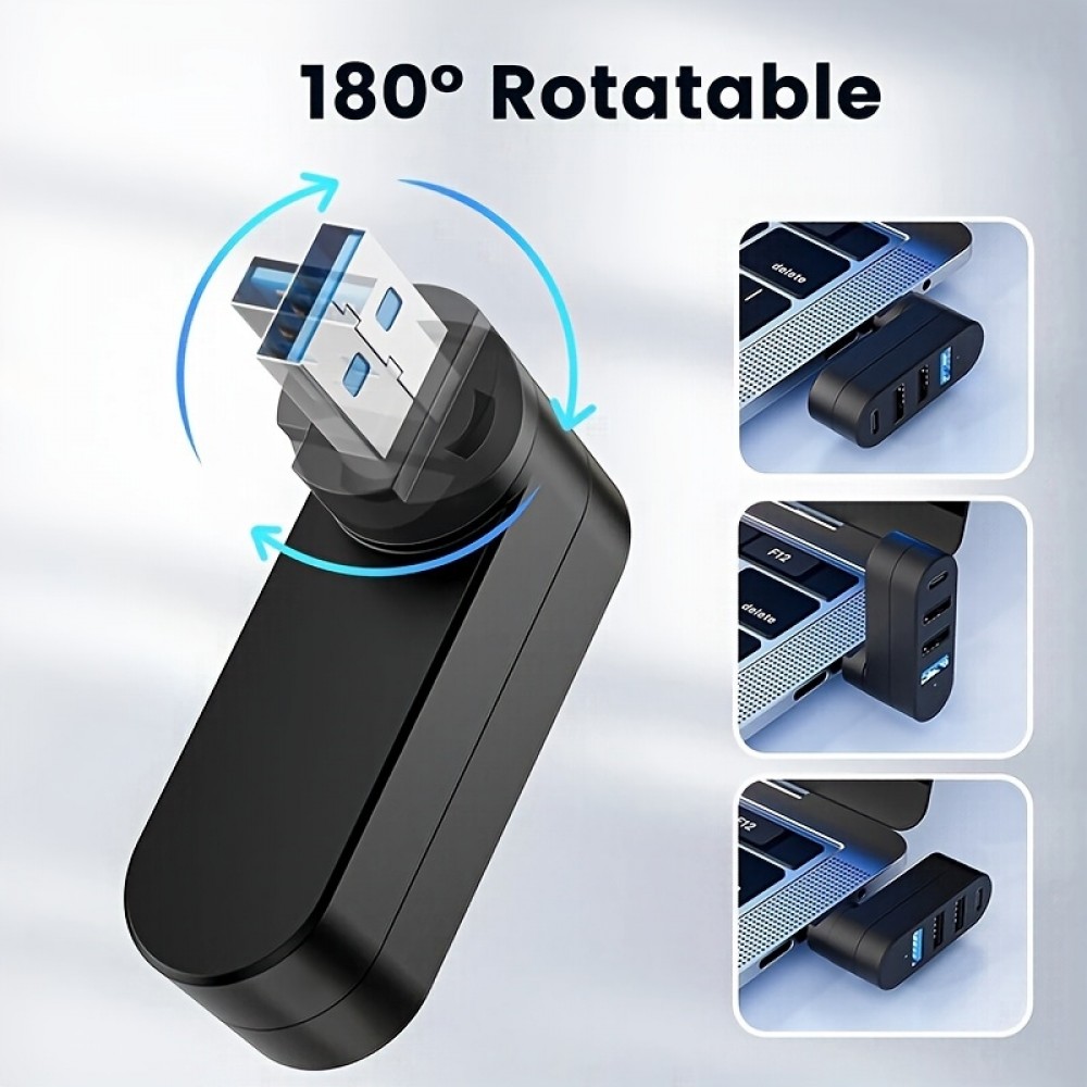 Adaptateur multiport USB 3.0 rotatif 180&deg; 4 en 1 (3x USB-A / 1x USB-C) compact pour accessoires PC - Noir
