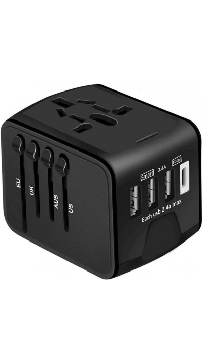 Universeller Travel Reise Adapter USB-A & USB-C für CH-EU-UK-AUS-USA - Schwarz