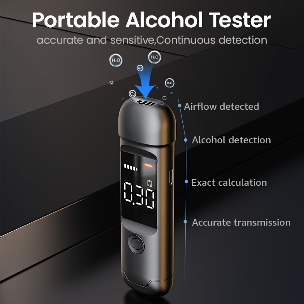 Digitaler Alcootest - tragbares Atemalkoholmessgerät mit LCD-Display (USB-C, wiederaufladbar) - Schwarz