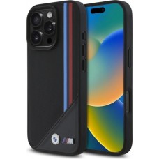 iPhone 16 Pro Case Hülle - BMW M Tricolore Streifen Leder MagSafe - Schwarz