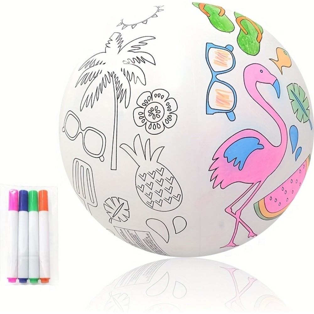 Ballon de plage gonflable DIY &agrave; colorier soi-m&ecirc;me avec 4 feutres de couleur - Blanc