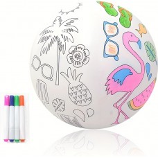 Ballon de plage gonflable DIY &agrave; colorier soi-m&ecirc;me avec 4 feutres de couleur - Blanc