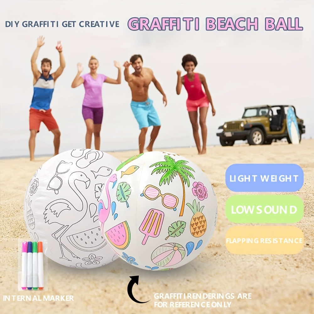 Ballon de plage gonflable DIY &agrave; colorier soi-m&ecirc;me avec 4 feutres de couleur - Blanc