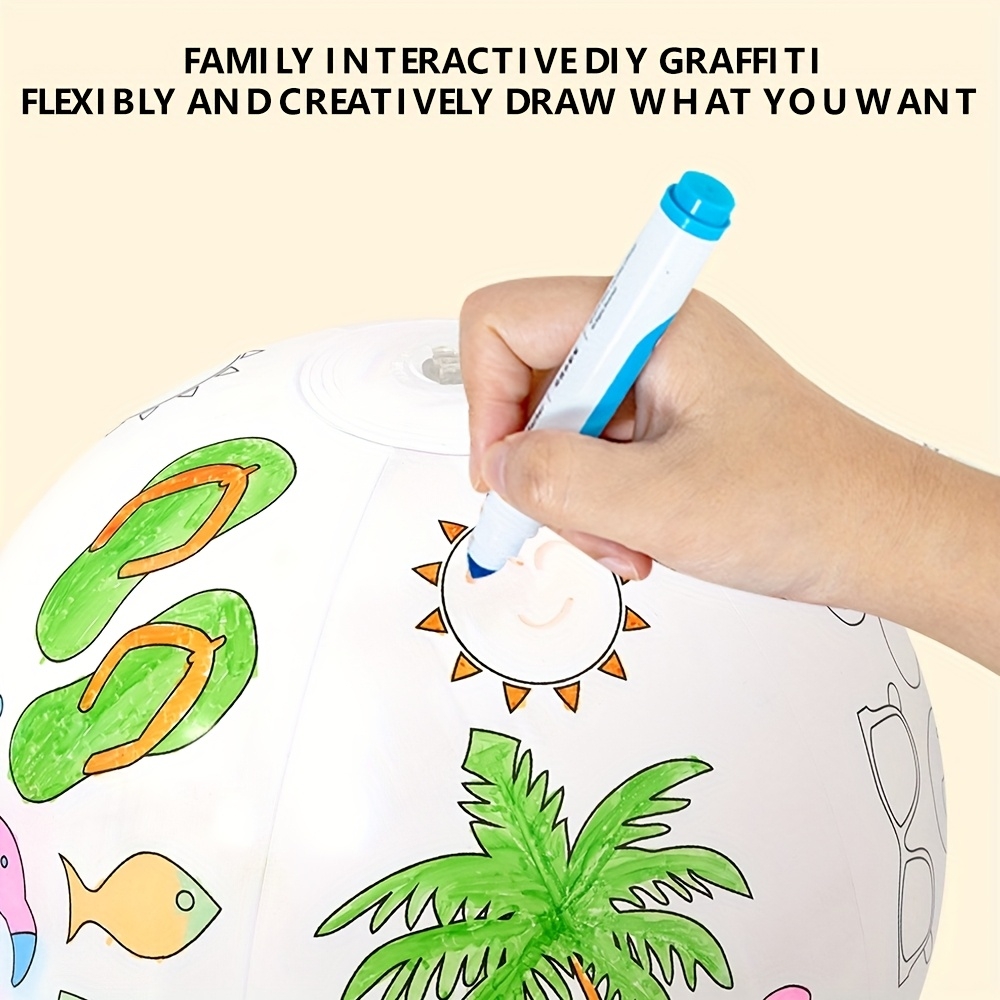 Ballon de plage gonflable DIY &agrave; colorier soi-m&ecirc;me avec 4 feutres de couleur - Blanc