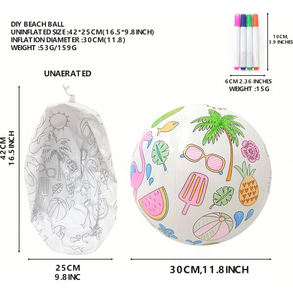Ballon de plage gonflable DIY &agrave; colorier soi-m&ecirc;me avec 4 feutres de couleur - Blanc