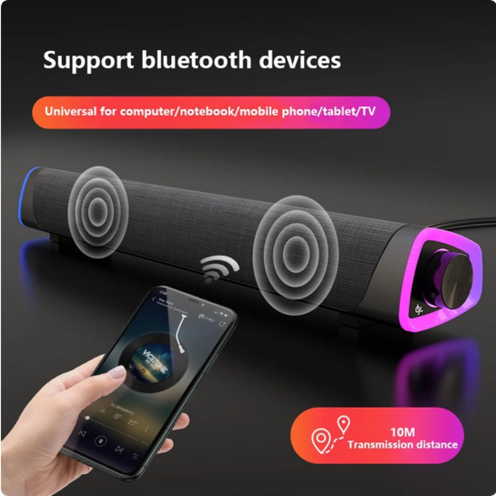 Stylische und minimalistische Bluetooth Sound Bar V8 mit LED Ambiente Beleuchtung + USB + AUX - Grau