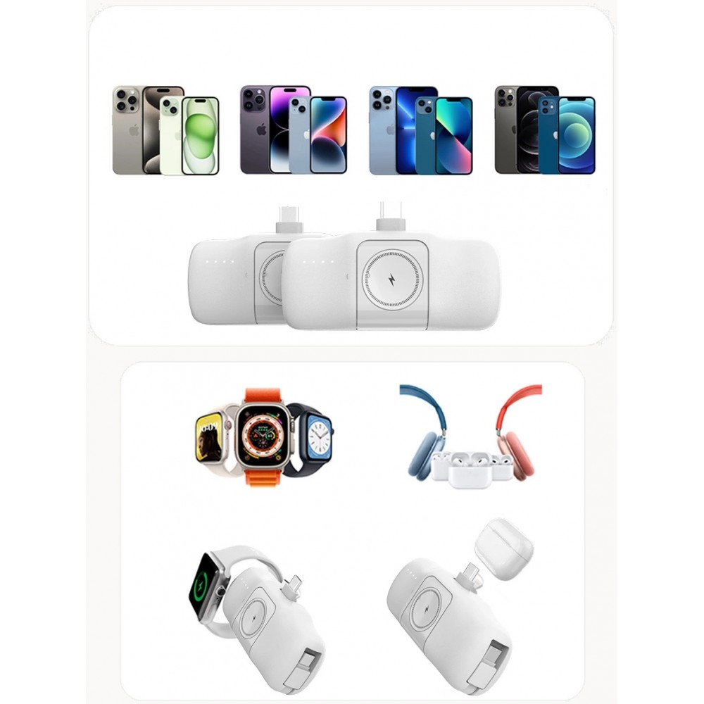 Batterie Externe Wozinsky WF16-YCS 5000mAh 15W USB-C Mini avec C&acirc;ble USB-C Int&eacute;gr&eacute; et Chargeur Apple Watch - Blanc